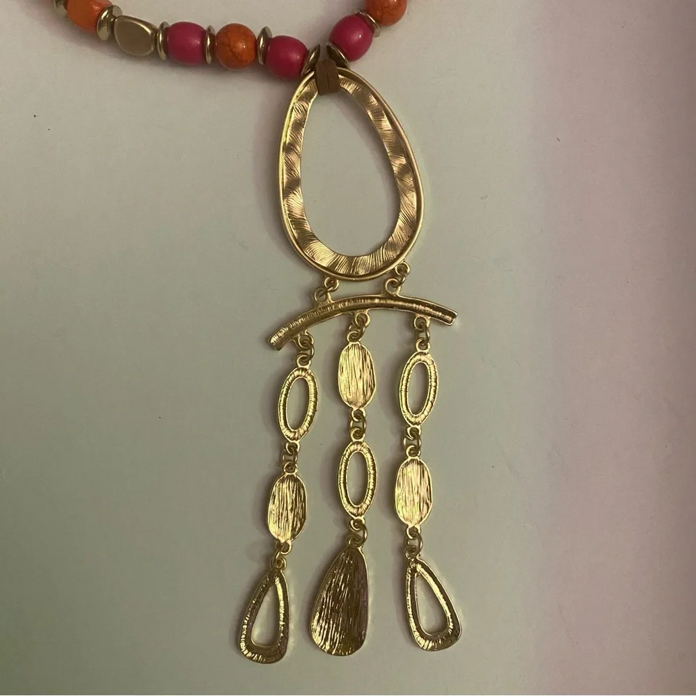 Erica By Lyons Bohemian Pink, Orange Beaded Necklace with Artistic Pendant NWT - Picture 3 of 4